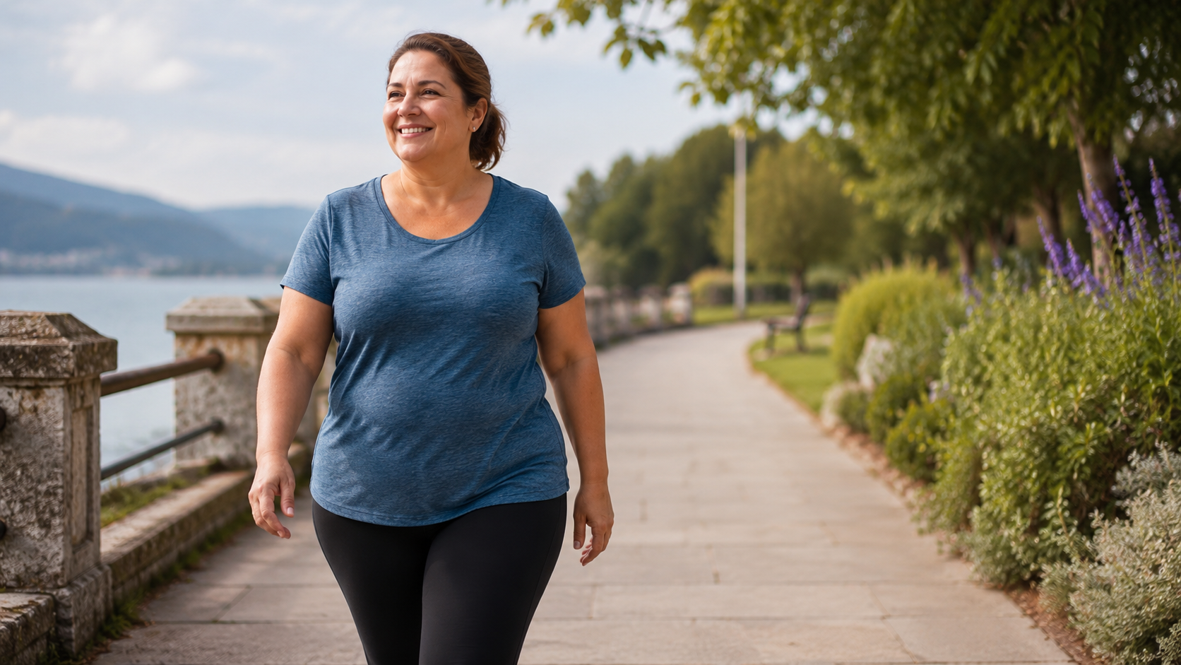 Mujer adulta caminando tranquila por un paseo junto al agua, representando el camino no quirúrgico del balón gástrico